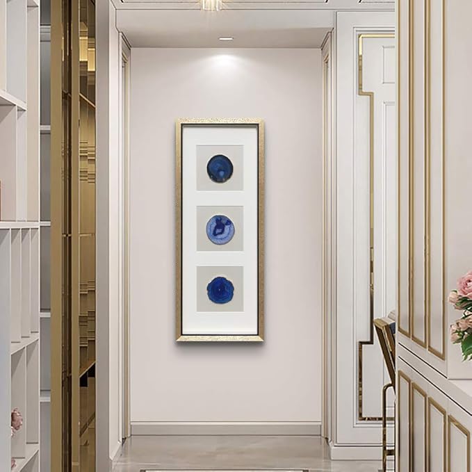 ARTECORS Handmade 15.7"x15.7" Gold Edge Natural Agate Wall Art with Shadow Box Frame Front Glass for Living Room Bedroom Home Decoration (Trio Blue)