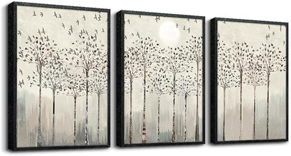 AHUASJART Trees And Birds Abstract Paintings Large Wall Decorations For Living Room Black Framed Canvas Prints Wall Art For Bedroom Wall Decor Office Artworks Pictures Sunrise And Sunset Home Decor