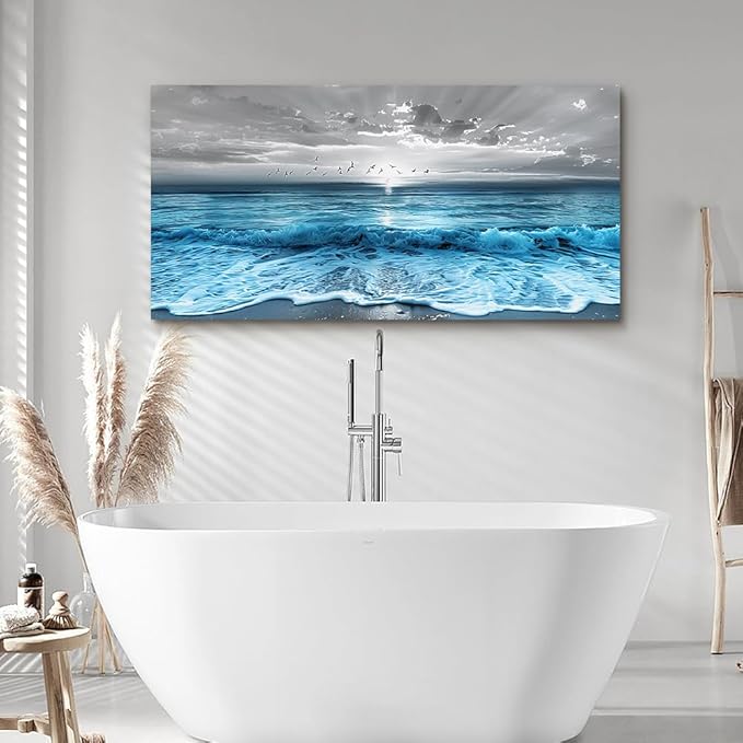 ERQINHUA Wall Decor For Living Room Canvas Wall Art For Bedroom Office Decorations Blue Sea Wave Ocean Paintings Beach Wall Pictures Canvas Artworks Modern Home Decor Mural Ready To Hang 20"X40"