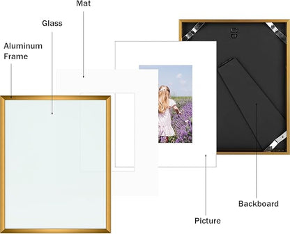 Golden State Art, Gallery Wall Frame Set of 6 - Bronze 8x10 Aluminum Photo Frames with Mat for 5x7 Pictures - 8 x 10 inch Metal Frame with Real Glass Cover - Elegant Home or Office Decor