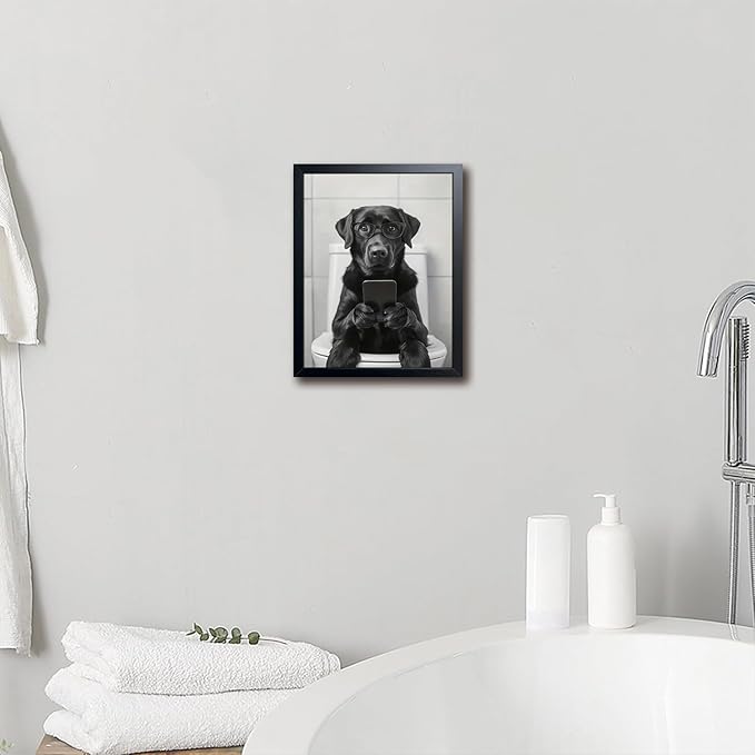 Black and White Bathroom Wall Art, Funny Labrador Dog Canvas Prints Poster, Cute Animal Sitting on Toilet Looking at Phone Picture, Modern Farmhouse Restroom Bathroom Home Wall Decor 8x10 Inch Framed
