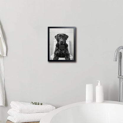 Black and White Bathroom Wall Art, Funny Labrador Dog Canvas Prints Poster, Cute Animal Sitting on Toilet Looking at Phone Picture, Modern Farmhouse Restroom Bathroom Home Wall Decor 8x10 Inch Framed