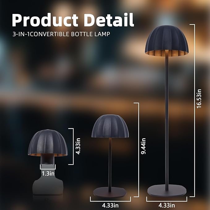 Modern 2-in-1 Table Lamp & Bottle Lamp, Pleated Metal Shade Touch Control Lamp | Adjustable Height, Warm Light & RGB, Stepless Dimming, Anti-Tip Design,Umbrella,Black