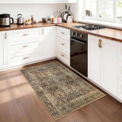 Brown 3x5 Rug Non-Slip: Washable Area Rug for Bedroom Entryway Kitchen Bathroom Indoor - Vintage Home Decor Mat Carpet - Oriental Dark Brown