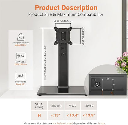 Universal Swivel TV Stand/Base Table Top TV Stand for 13 to 32 inch TVs with 100 Degree Swivel, 4 Level Height Adjustable, Heavy Duty Tempered Glass Base, Holds up to 77lbs, HT07B-001