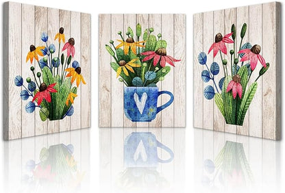 Lapremoly 3 Piece Large Framed Canvas print Artwork Wall Art for Kitchen Wall Decor for Living Room Bedroom Decorations Room Wall Decor Modern Office Home Decor Vintage Wood Grain Flowers Paintings