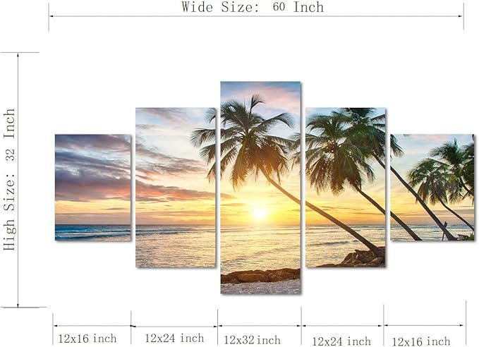 Modern Beach Painting Beautiful Large Sunset Landscape Ocean Pictures Framed Stretched for Living Room Home Decor Posters and Prints Seascape Wall Art Painting on Canvas 5 Piece(60''W x 32''H)