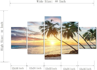 Modern Beach Painting Beautiful Large Sunset Landscape Ocean Pictures Framed Stretched for Living Room Home Decor Posters and Prints Seascape Wall Art Painting on Canvas 5 Piece(60''W x 32''H)