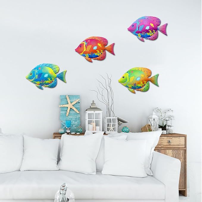 Oraytteo Metal Fish Wall Decor, Set of 4 Fishes Wall Art Decorations for Barthroom Fence Pool Patio Beach Home Decor, Indoor or Outdoor Decorations