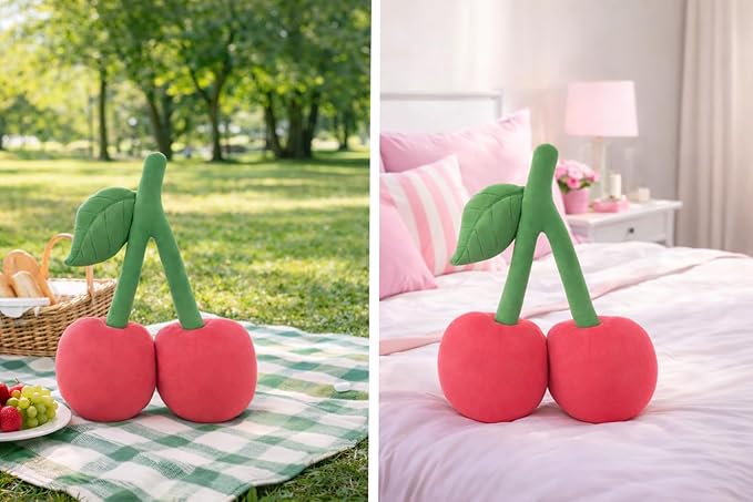 Cherry Pillow for Preppy Room Decor –17x14 In 3D Decorative Cherry Throw Pillow in Luxe Velvet –Shape Hold Fill Fruit Cushion with Sculpted Stem & Embroidered Leaf for Sofa & Aesthetic Home Decor Pink