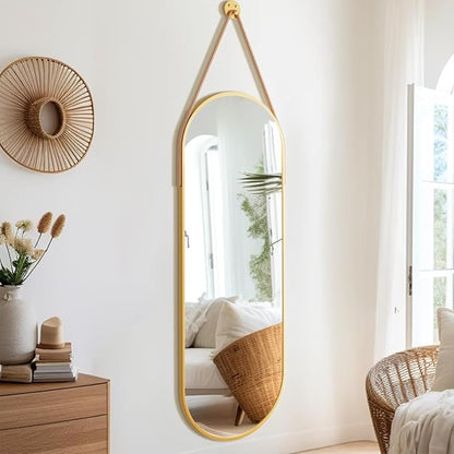 Dewfig 16"x48" Oval Full Length Mirror with Leather Strap Hanging Mirror with Aluminum Frame, Oval Gold Wall-Mounted Mirrors for Living Room Bedroom Entryway Décor, Gold