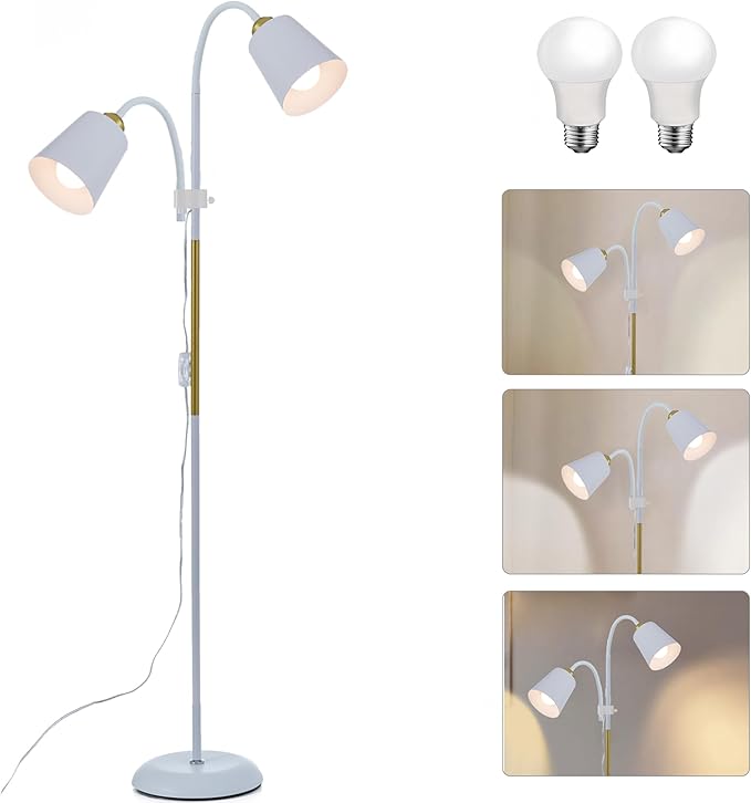 Floor Reading Lamp, Industrial Metal Floor Lamps for Living Room with Adjustable Bendable, 2 in 1 Reading Table Lamps for Living Room Bedroom Office, 12W Bulbs Included (White-2 Heads)