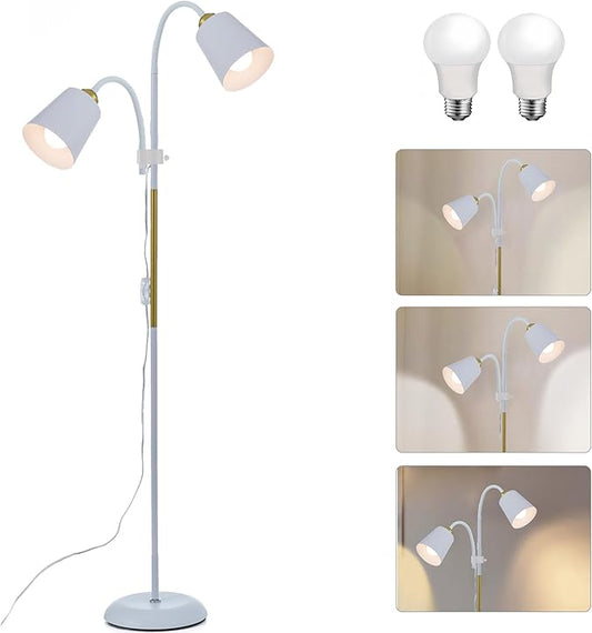 Floor Reading Lamp, Industrial Metal Floor Lamps for Living Room with Adjustable Bendable, 2 in 1 Reading Table Lamps for Living Room Bedroom Office, 12W Bulbs Included (White-2 Heads)