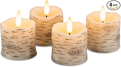 Rhytsing 2" White Birch Bark Flameless Votive Candles with Timer, Real Wax Led Faux Battery Operated Tealight Candles for Christmas and Weddings - Set of 4