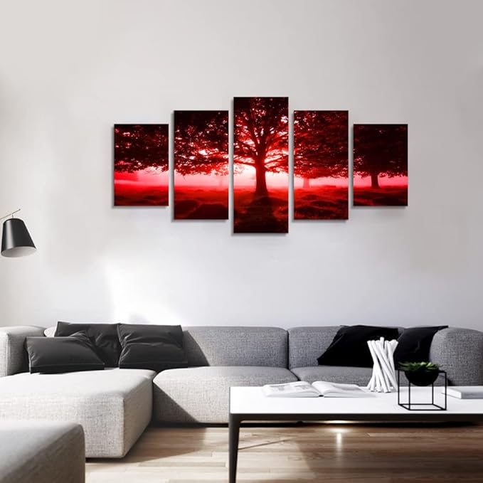 Ephany Modern Red Tree Wall Art - Landscape Picture Canvas Print, 80"x40" (5pcs) for Living Room Decorations