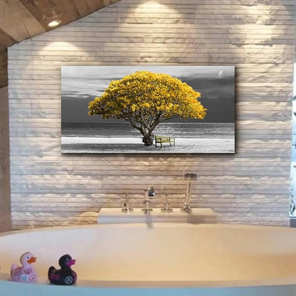 Wapluam Large Canvas Wall Art for Living Room, Office, Bedroom - Black and White Landscape Paintings With Yellow Trees - Framed Pictures Artwork Home Decor Mural 24x48 in