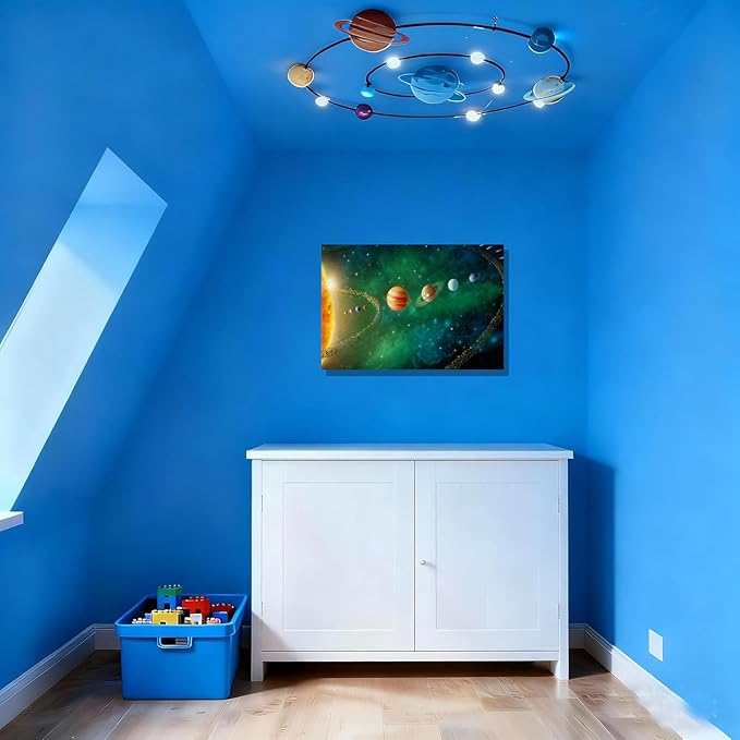 12x16 Framed Solar System Space Canvas Wall Art Green Galaxy Planets Astronomical Decor Kids Bedroom Cosmic Wall Pictures Teen Boy Room Universe Galaxy Poster Child Office Study Room Art Prints