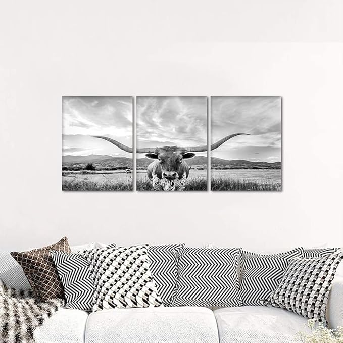 3 Panels Animal HD Painting Canvas Prints Highland Cow Wall Art Texas Longhorn Steer in Rural Utah Art Modern Wall Art Painting for Living Room Home Decor, Framed and Stretched 20" W x 28" Hx3pcs