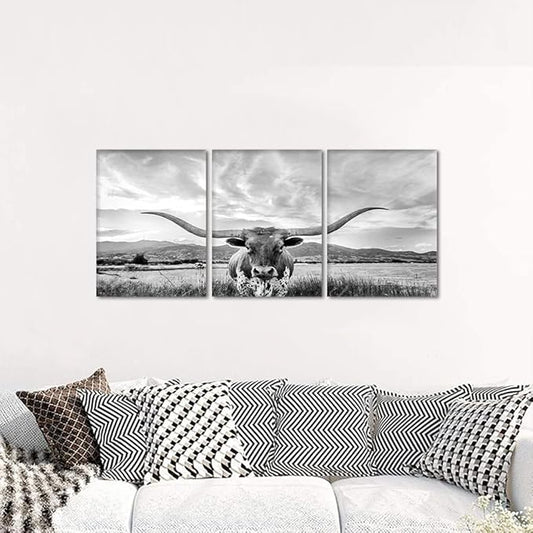 3 Panels Animal HD Painting Canvas Prints Highland Cow Wall Art Texas Longhorn Steer in Rural Utah Art Modern Wall Art Painting for Living Room Home Decor, Framed and Stretched 20" W x 28" Hx3pcs