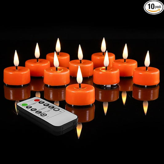 Eywamage Orange Flameless Tealights with Remote Batteries, LED Tea Votive Candles Real Wax Flickering Set of 10
