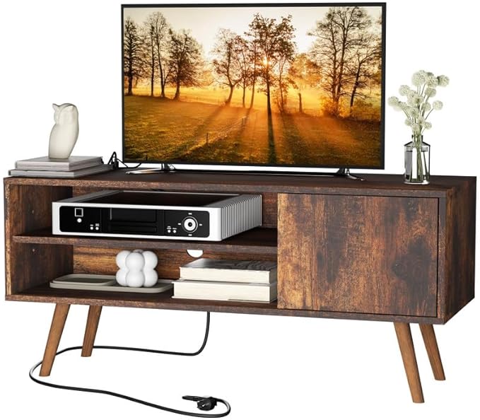Cozy Castle TV Stand for 48-55 Inch TV, Mid Century Modern Entertainment Center with Storage Cabinet, TV Media Console with Charging Station for Living Room (Brown, 43.3" W x 15.7" D x 19.5" H)