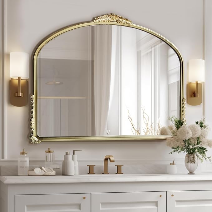 OUSHUAI Antique Gold Mirror,Ornate Wide Mirror Decor,Arched Big Mirror for Entryway/Bathroom/Fireplace 37"X29" Champagne Gold