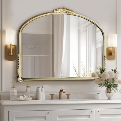 OUSHUAI Antique Gold Mirror,Ornate Wide Mirror Decor,Arched Big Mirror for Entryway/Bathroom/Fireplace 37"X29" Champagne Gold