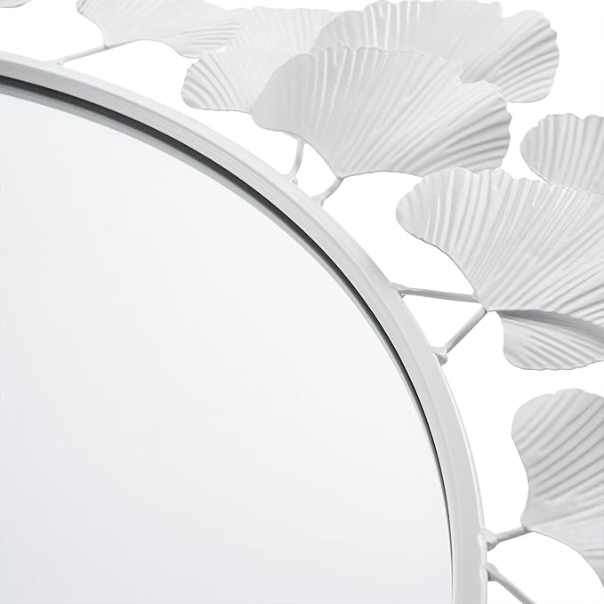 Martha Stewart Wall Décor Large Gingko Leaf Round Wall Mirror for Living Room, Iron Metal Plate Frame Antique Finish, Ready to Hang Bedroom Decoration, Eden, 30.5", White