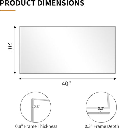 KOCUUY Silver Framed Mirror, 20"x40" Rectangle Bathroom Mirror for Wall, HD Tempered Glass, Anti-Rust Frame, Modern Design for Bathroom, Bedroom, Living Room, Entryway