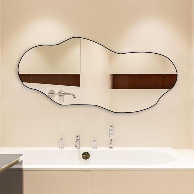 POZINO Irregular Frameless Wall Mirror, 47.2"x21" Asymmetrical Aesthetic Mirror, Modern Organic Shape Decorative Mirror for Living Room Bedroom Entryway Hallway, Horizontal or Vertical Hanging