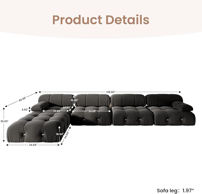 138'' Modular Sectional Couch, L-Shaped Velvet Sofa with Reversible Chaise Ottoman, Minimalist Bubble Couch, Modern Black Sectional Couches for Living Room, Apartment (4 Seats, 1 Ottoman, Black)