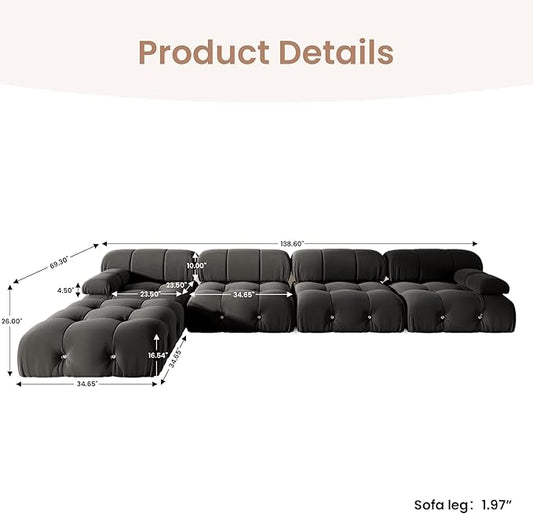138'' Modular Sectional Couch, L-Shaped Velvet Sofa with Reversible Chaise Ottoman, Minimalist Bubble Couch, Modern Black Sectional Couches for Living Room, Apartment (4 Seats, 1 Ottoman, Black)