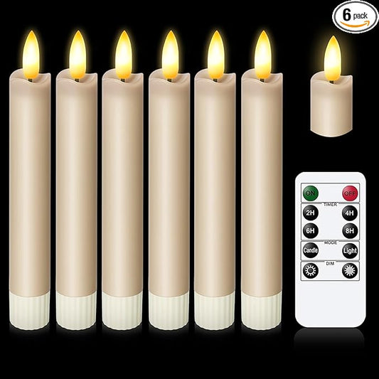 KSWING Upgraded Real Wax Short LED Flameless Taupe Taper Candles with Remote, 6 PCS Candlesticks Battery Operated 3D Flickering- 6" Realistic Fake Candle Sticks for Home/Wedding/Fireplace Xmas Decor