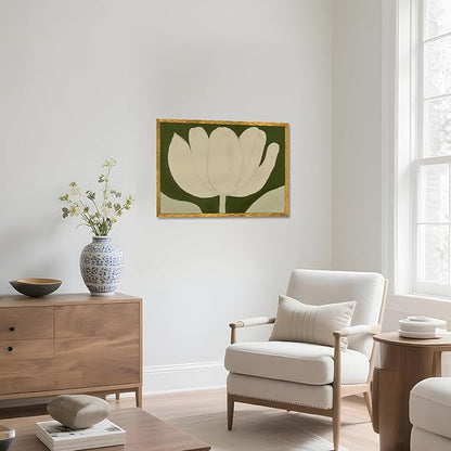 Large Gold Framed White Tulip Canvas Poster Green Modern Botanical Wall Art Elegant Floral Horizontal Boho Painting Prints Retro Stylish Flower Pictures Artwork Aesthetic Wall Decor 24x36inch