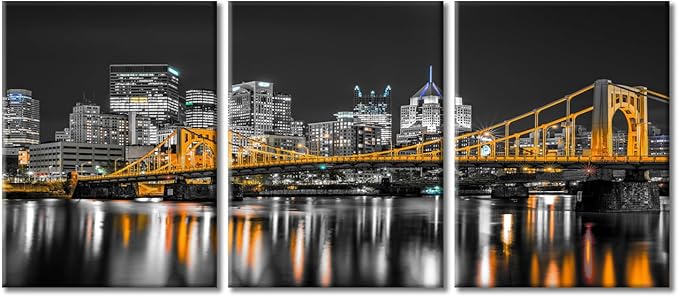 TUMOVO Pittsburgh Pennsylvania Cityscape Home Decor Art Prints Ninth Street Bridge Allegheny River Pictures Bathroom Decor Wall Art 3 Panel Artwork Framed Ready to Hang (36" Wx16 H)