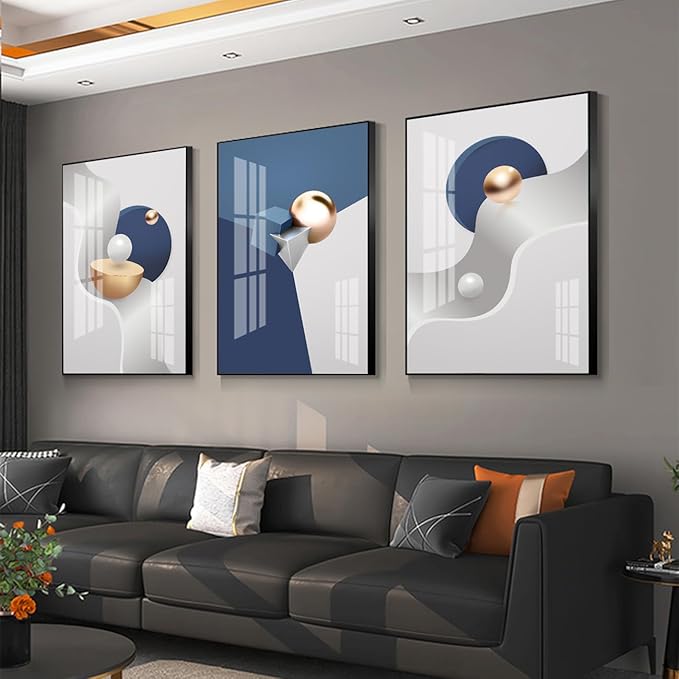 QKF Large Blue Geometry Abstract Wall Art Bright Canvas Decorative Painting Now Home, Bedroom, Living Room Painting Poster Printing Wall Decor 3-piece Set 20" X 28"
