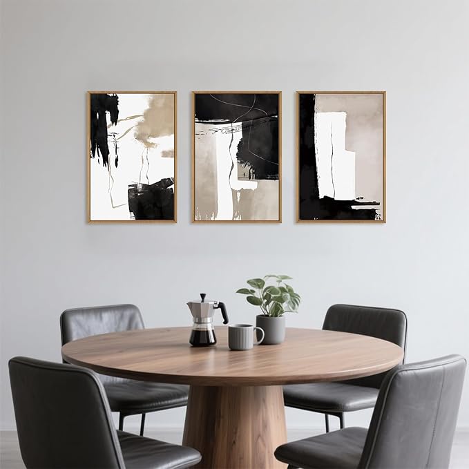 Celestdeco Black White Brown Framed Canvas Wall Art Set, Neutral Geometric Wall Decor, Modern Abstract Wall Painting, Minimalist Artworks for Living Room, Bedroom, Dining Room, Office-24 x36 x3