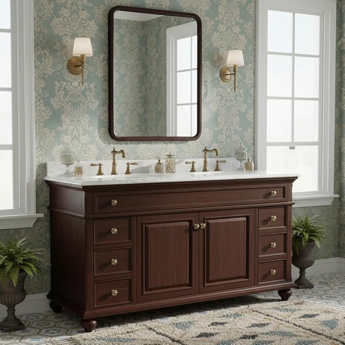 Bathroom Mirror for Wall,Wood Rectangle 30 x 40 inch Hanging Vatiny Tempered Dark Walnut Mirrors with Rounded Corner for Living Room,Bedroom,Entryway