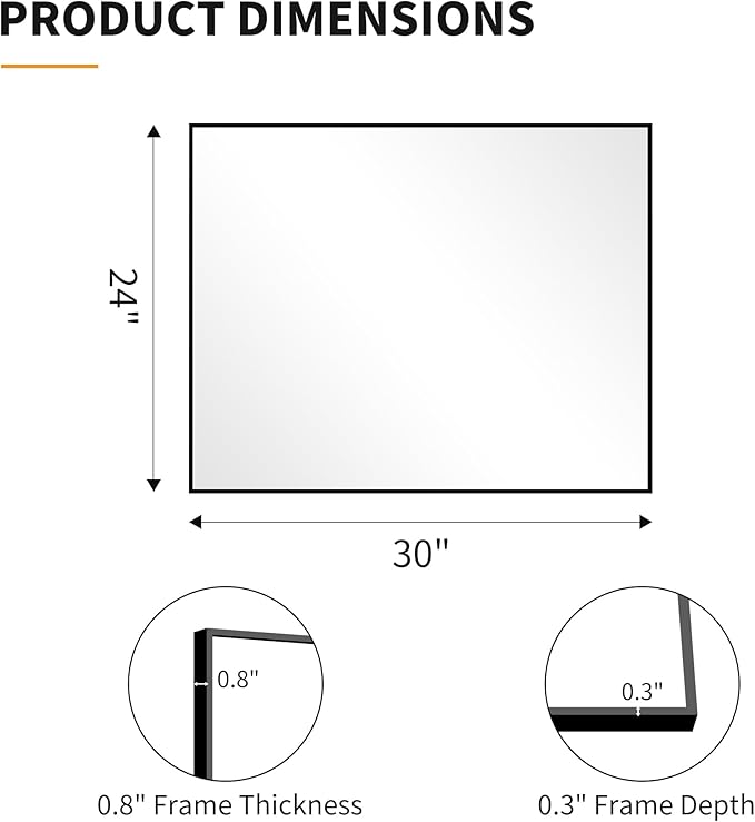 KOCUUY Black Mirror, 24x30 Inch Rectangle Bathroom Mirror for Over Sink, HD Tempered Glass, Anti-Rust Frame, Modern Design for Bathroom, Bedroom, Living Room, Entryway, Hang Horizontal/Vertical