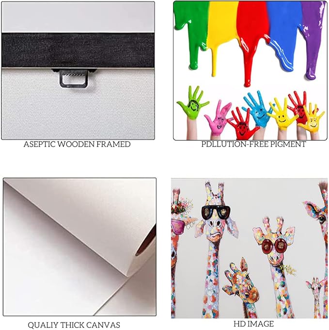 Bansky Graffiti Art Giraffes Family Wear Glasses Canvas Prints and Painting Giclee Art Wall Artwork for Living Room Office Wall Decoration Framed and Streched Ready to Hang - 24x36 inch