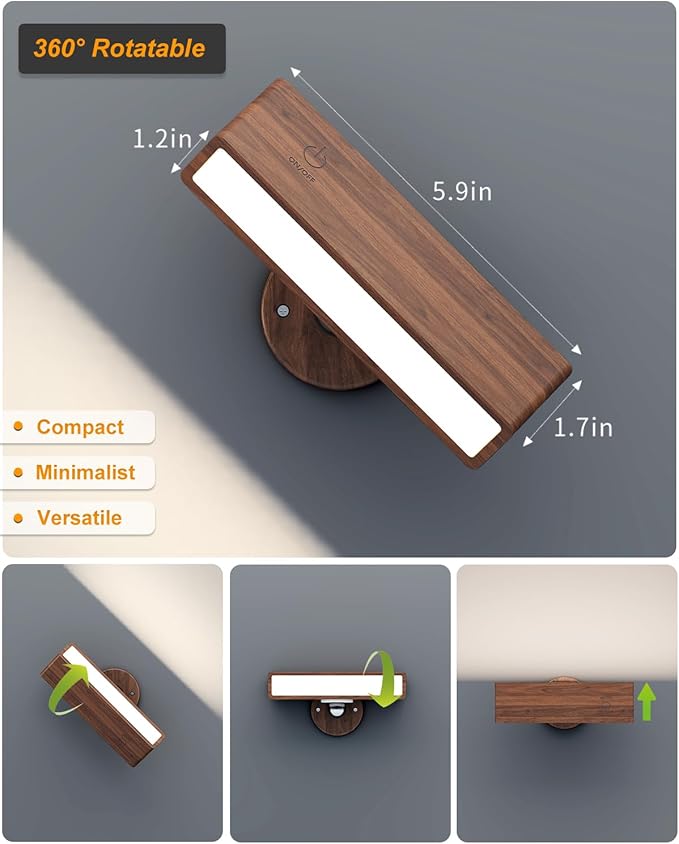 DetarZinLED Wooden Wall Sconce Battery Operated with Remote,Rechargeable Wall Lights for Bedroom with 3 Color Temperature, Magnetic, Stick-On, Dimmable Wall Reading Lights (Walnutwood, 2 Pack)