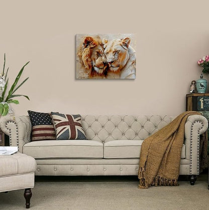 Romantic Lion Couple Canvas Wall Art Framed Painting Lion and Lioness Affection Moment Warm Earthy Tones Impasto Texture Wildlife Wall Decor Artwork for Bedroom Office Den 16x24 Inches