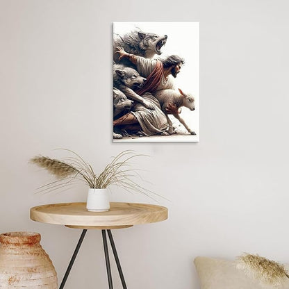 Jesus and Lamb Wall Art Jesus Saves the Lost Sheep Christian Picture Wall Decor Shepherd Protect a Lamb from Wolves Painting Poster Print Artwork for Living Room Bedroom Church Decor 16X24 in canvas