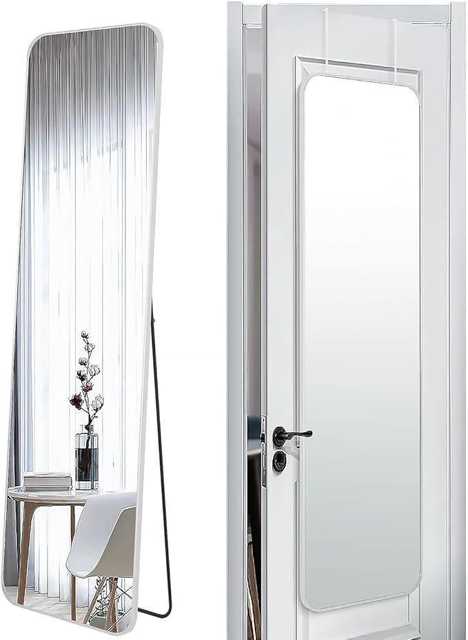 SCWF-GZ 57x16 Door Hanging Full Length Mirror, Floor Stand (Height 5.7ft just Body in1.3ft) Wall Mounted Metal Frame Rectangle Dressing Mirrors for Bedroom Bathroom Room 57 inch Silver