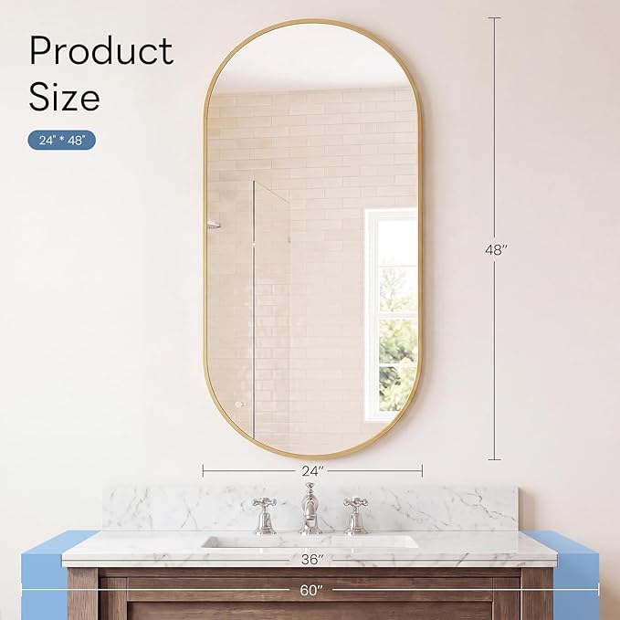 Sweetcrispy 24" x 48" Gold Bathroom Mirror for Wall, Oval Wall Mirror with Metal Frame, Tempered Glass, Modern Vanity Mirror for Over Sink, Living Room, Bedroom, Entryway, Horizontal or Vertical