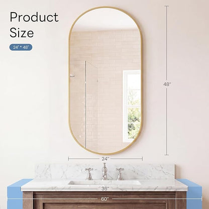 Sweetcrispy 24" x 48" Gold Bathroom Mirror for Wall, Oval Wall Mirror with Metal Frame, Tempered Glass, Modern Vanity Mirror for Over Sink, Living Room, Bedroom, Entryway, Horizontal or Vertical