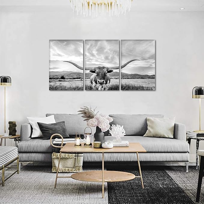 3 Panels Cow Canvas Wall Art Highland Cow Pictures Wall Decor Artwork Texas Longhorn Painting Modern Gray Posters Prints for Living Room Home Office Decor, Framed 24" Wx36 Hx3pcs