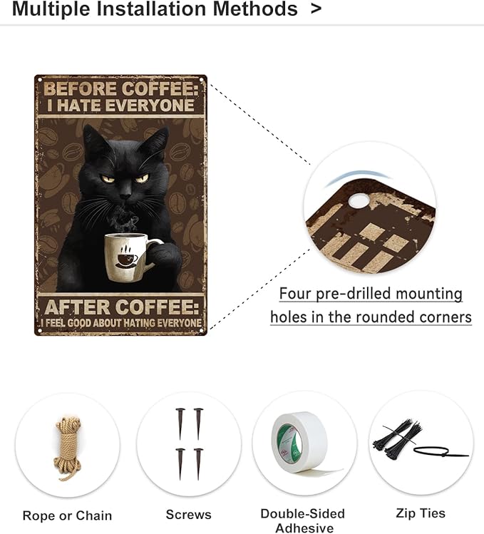 ALKB Funny Black Cat Sign, Vintage Coffee Sign - Before Coffee I Hate Everyone Wall Decor, 8x12 Inch