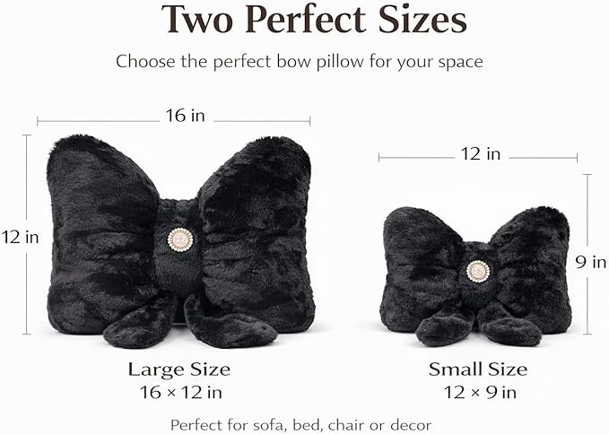 Black Bow Pillow 12x9 Inch, Cute Plush Bow Shaped Decorative Pillow with Back Strap, Coquette Room Decor for Teen Girls Bedroom Chair Couch Car