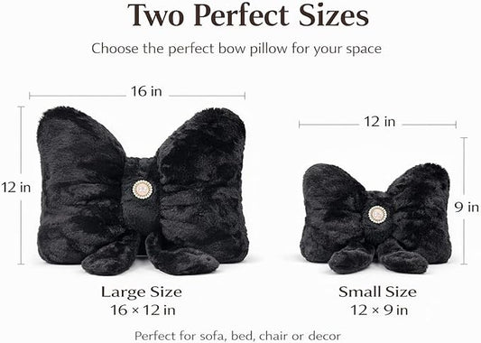 Black Bow Pillow 12x9 Inch, Cute Plush Bow Shaped Decorative Pillow with Back Strap, Coquette Room Decor for Teen Girls Bedroom Chair Couch Car